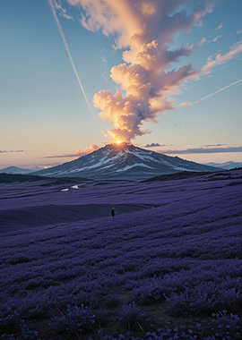 Volcano Erupting Over Lavender Fields