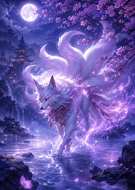 Mystical Nine-Tailed Fox in Moonlight