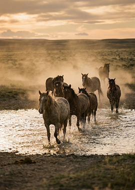 Wild Horses Crossing a River