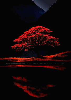 Vibrant Red Tree by Dark Lake