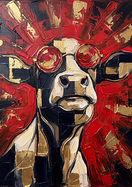 Abstract Cow Painting with Red Glasses