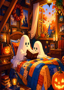 Two Cute Ghosts Reading in Bed