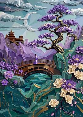 Ethereal Asian Landscape with Bridge