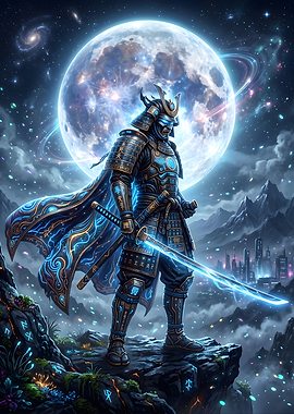 Cosmic Samurai Warrior Under Moon