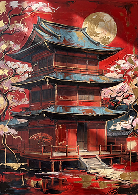 Red Japanese Pagoda Under Golden Moon