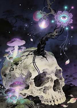 Cybernetic Skull and Bioluminescent Tree
