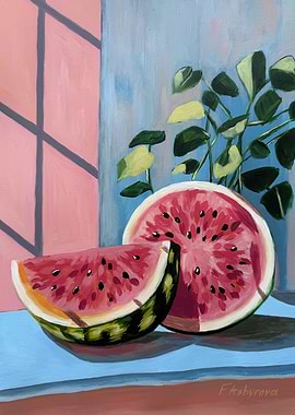 Still Life Painting of Watermelon Slices