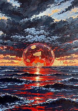 Surreal Red Sphere Over Ocean Sunset