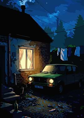 Green Vintage Car at Night
