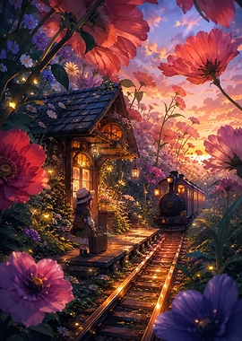 Girl Waiting for Train in Flowers