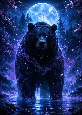 Mystical Glowing Bear Under Full Moon