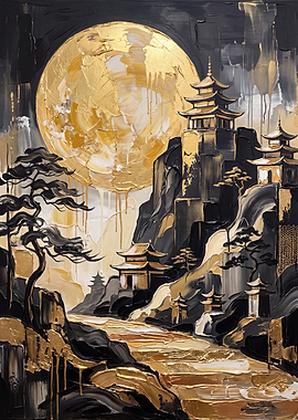 Golden Moon Over Asian Temple Landscape