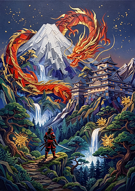 Samurai Facing Dragon at Mount Fuji