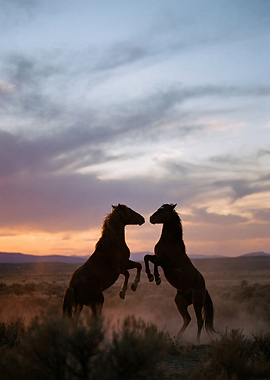 Two Wild Horses Rearing at Sunset