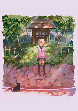 Anime Girl Sitting by Shrine