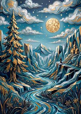 Golden Moonlit Mountain Landscape Painting
