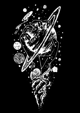 Hand Holding Saturn Space Illustration