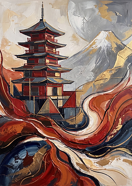 Abstract Japanese Pagoda and Mountain Painting