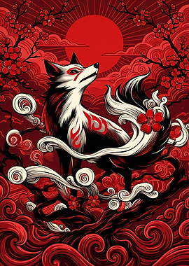 Kitsune Fox Under Red Sun