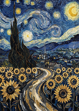Starry Night Sunflower Field Landscape