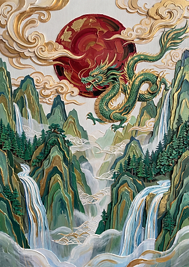 Green Dragon Over Mountain Landscape