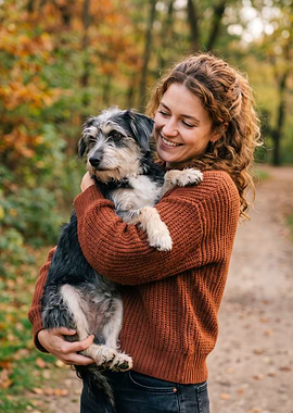 Woman Holding Her Dog in Autumn