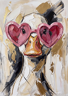 Abstract Oil Painting of Duck with Heart Glasses
