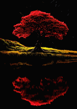 Vibrant Red Tree Reflection Art