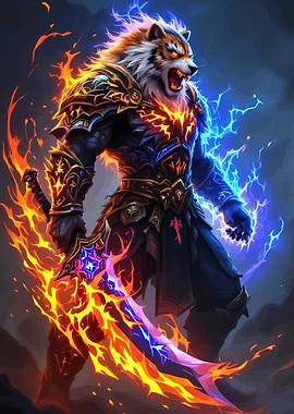 Elemental Tiger Warrior with Flaming Sword