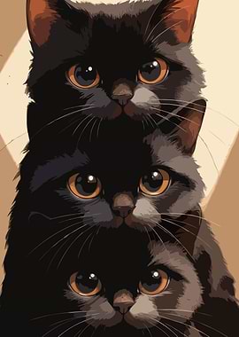 Three Stacked Cute Black Kittens