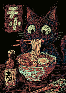 Scribble Art Black Cat Eating Ramen