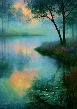 Misty Lake at Sunset Painting