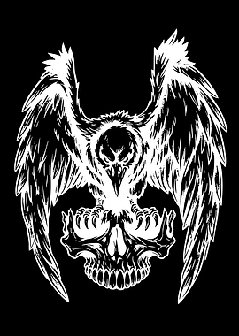 Raven Perched on Human Skull