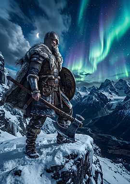 Viking Warrior Under Northern Lights