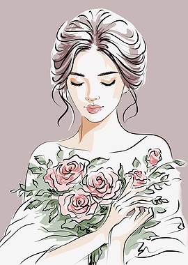 Elegant Woman Holding Pink Roses Illustration