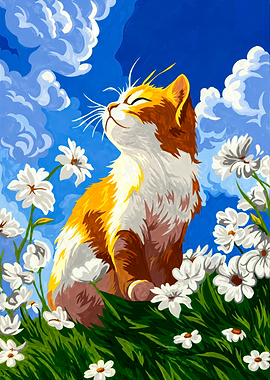 Ginger Cat in Flower Field