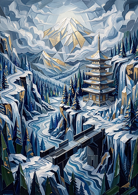 Winter Pagoda and Mountain Landscape