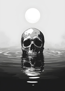 Moonlit Skull Rising from Water - Monochrome Gothic Illustration