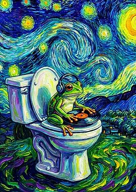 Frog DJ on Toilet Starry Night