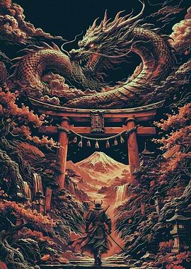 Samurai Facing Dragon at Torii Gate