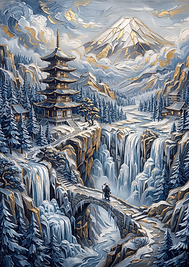 Winter Mountain Temple Landscape