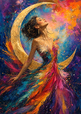 Ethereal Woman with Golden Crescent Moon