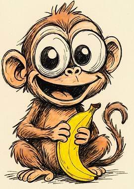 Cute Cartoon Monkey Holding Banana
