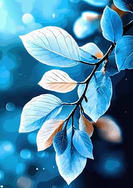 Blue Toned Botanical Leaf Branch