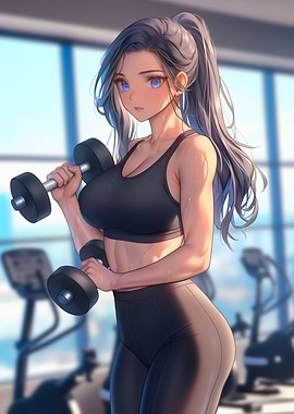 Anime Girl Working Out with Dumbbells