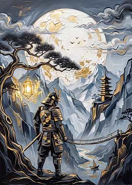 Samurai Standing Before Golden Moon