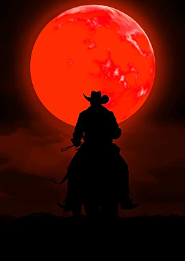 Cowboy Silhouette Against Red Moon