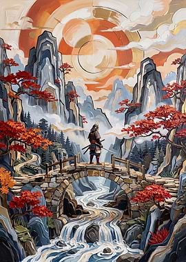 Samurai Standing on Stone Bridge