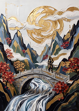 Samurai Standing on Bridge Painting