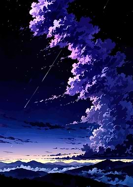 Anime Style Night Sky Over Mountains